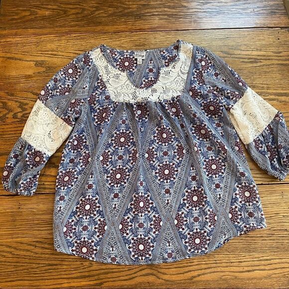 Como Vintage Women's Top Small Crochet Lace Semi Sheer 3/4 Sleeve Boho Flowy - Picture 1 of 7